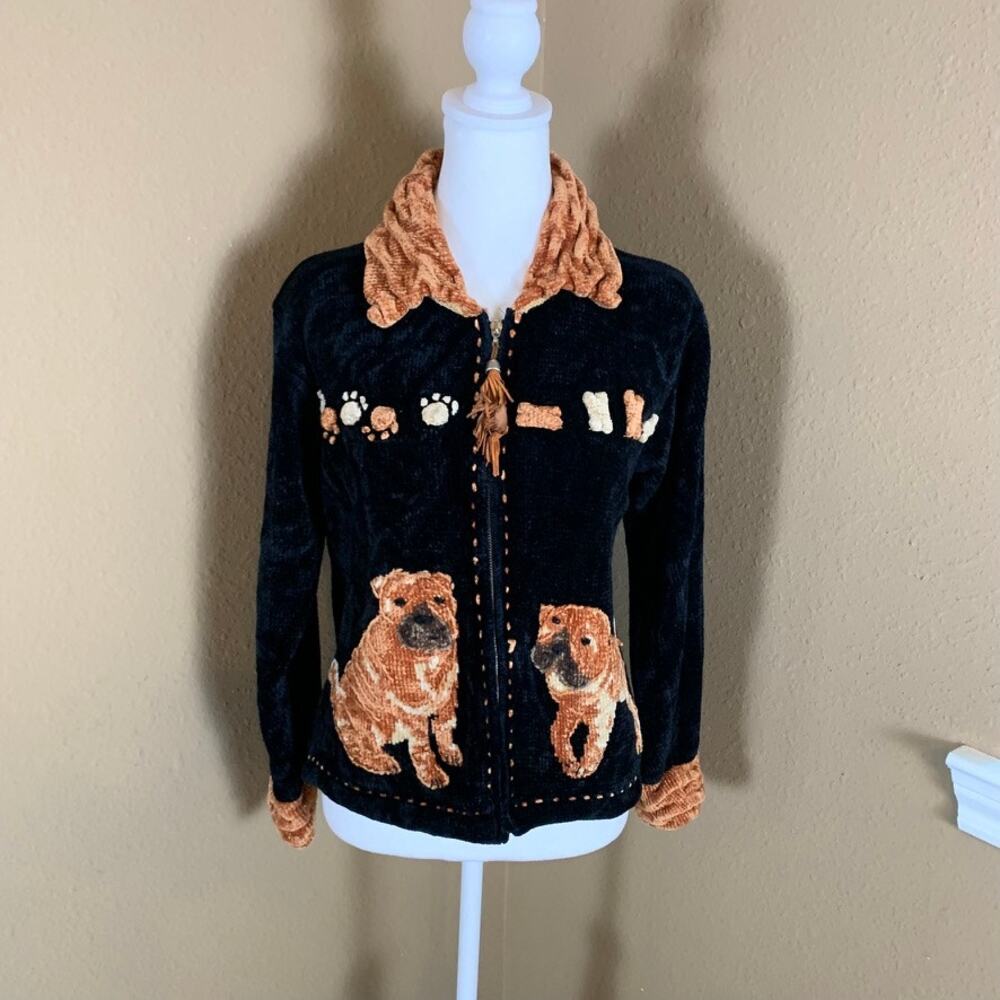 Vintage Sweater Sweater Dog Cardigan Zip Up Chenille Bulldog Puppy Jacket M
